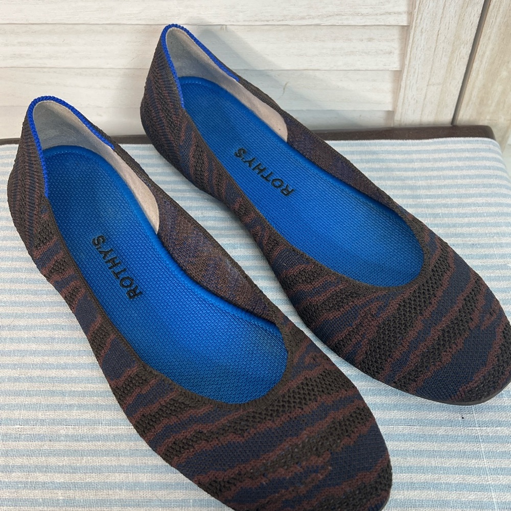 Rothy's Sapphire Zebra Striped Knit Ballet Flats Blue Brown Size 11